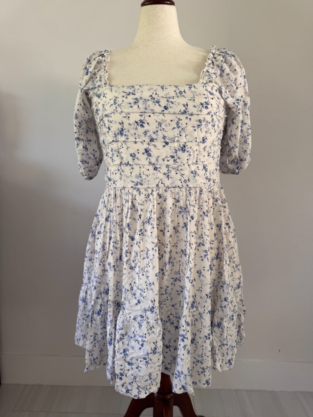 Arula Blue Floral Cottagecore Midi Dress 1X Puff Sleeve Prairie Tie Back Dress